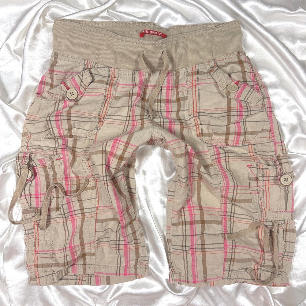y2k Cargo Shorts Tan Pink Plaid Excellent Unionbay Drawstring Pockets Cotton